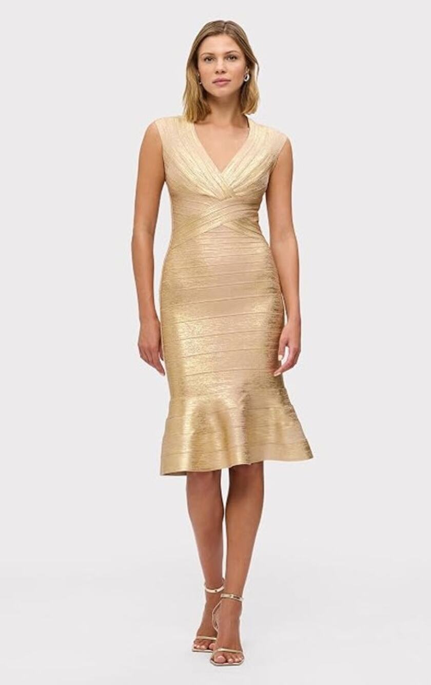 NWT Hervé Léger The Metallic Sophie Dress Gold Size Medium